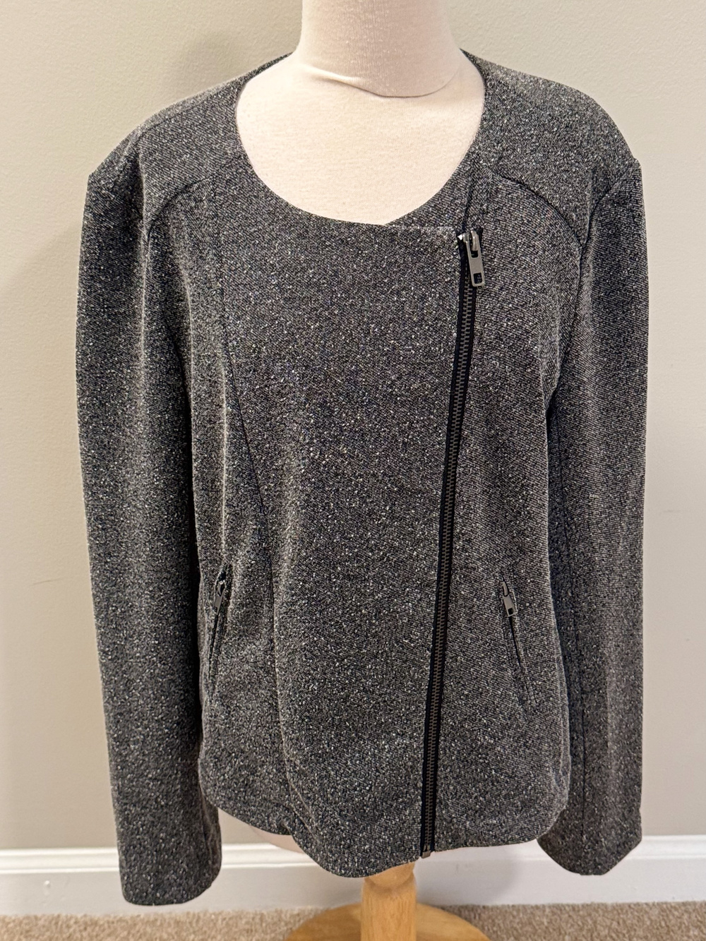 Catherine Malandrino XXL Jacket Gray Marled Asymmetric Moto Zip Plus Sweater XL
